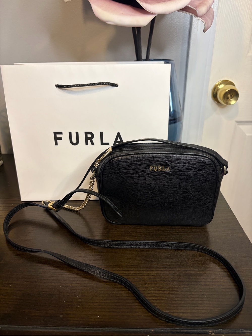 Furla Black Saffiano Leather Crossbody Camera Bag with Gold Logo